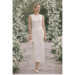 NWT Alex Marie Jade Sequin Sheath Midi Dress Champagne Silver Boat Neck Size 10